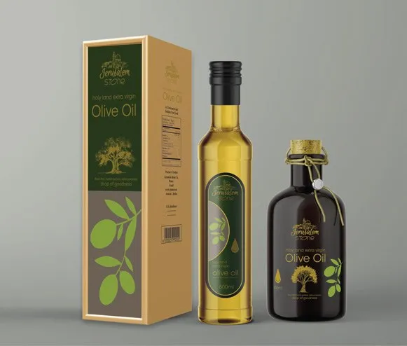 Olive oil bottles and box