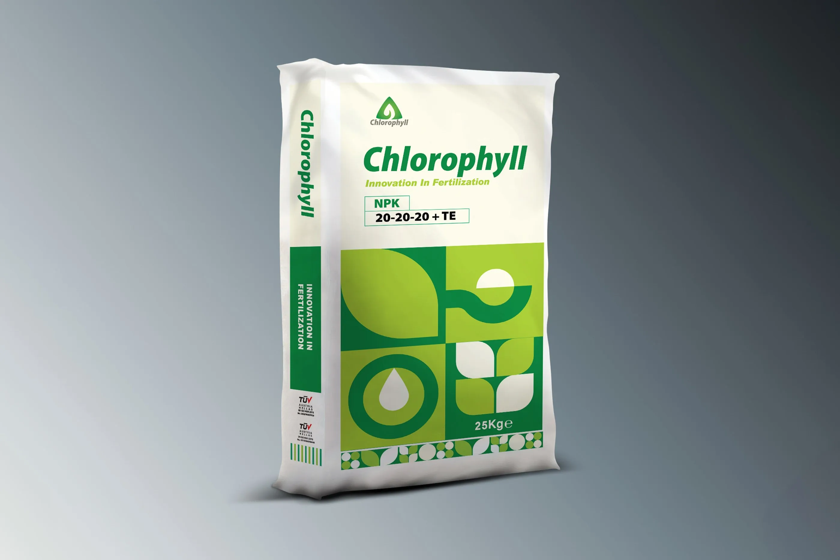 Chlorophyll fertilizer bag with green leaf and drop shapes