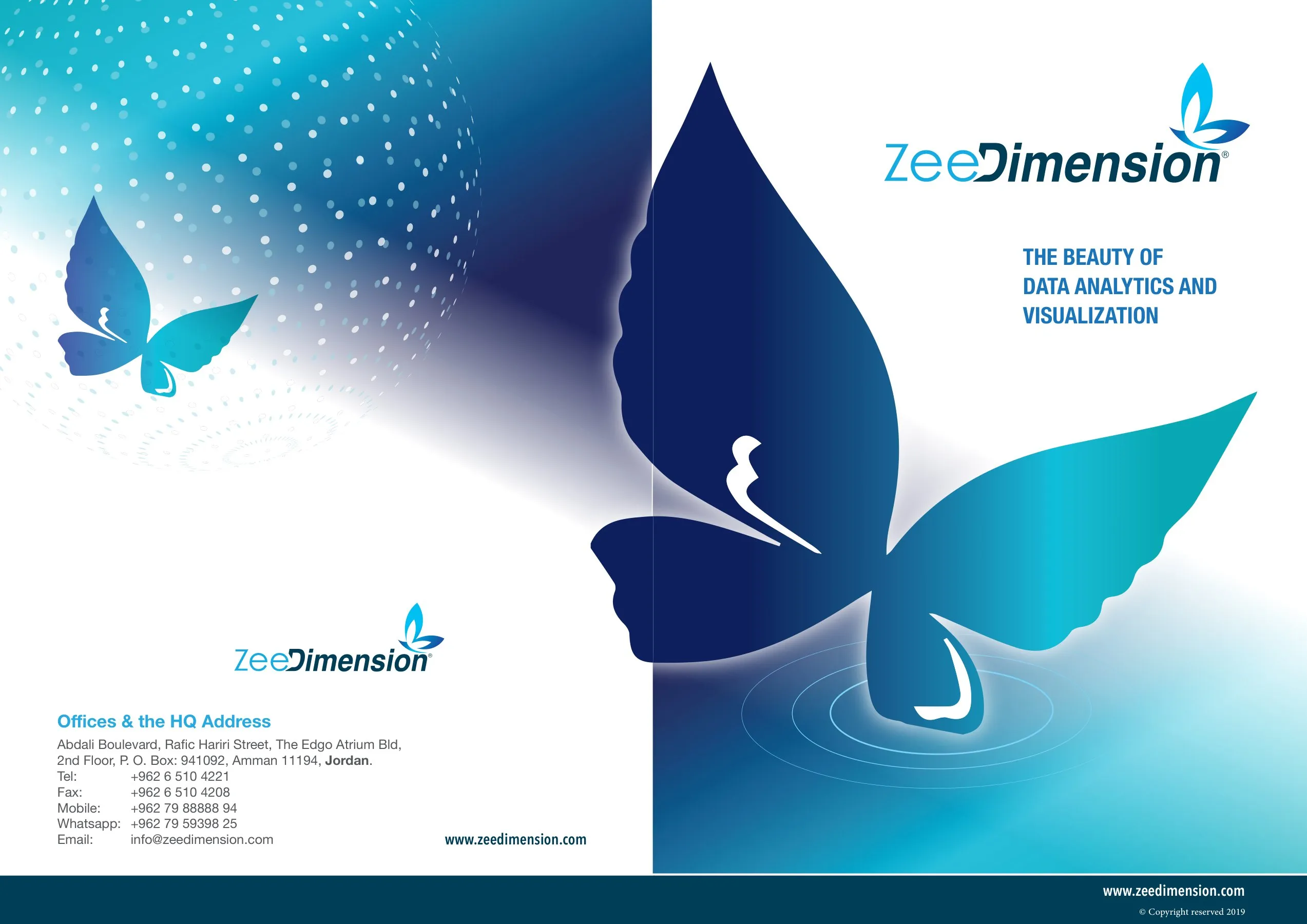 ZeeDimension company profile, back and front covers with the blue butterfly logo