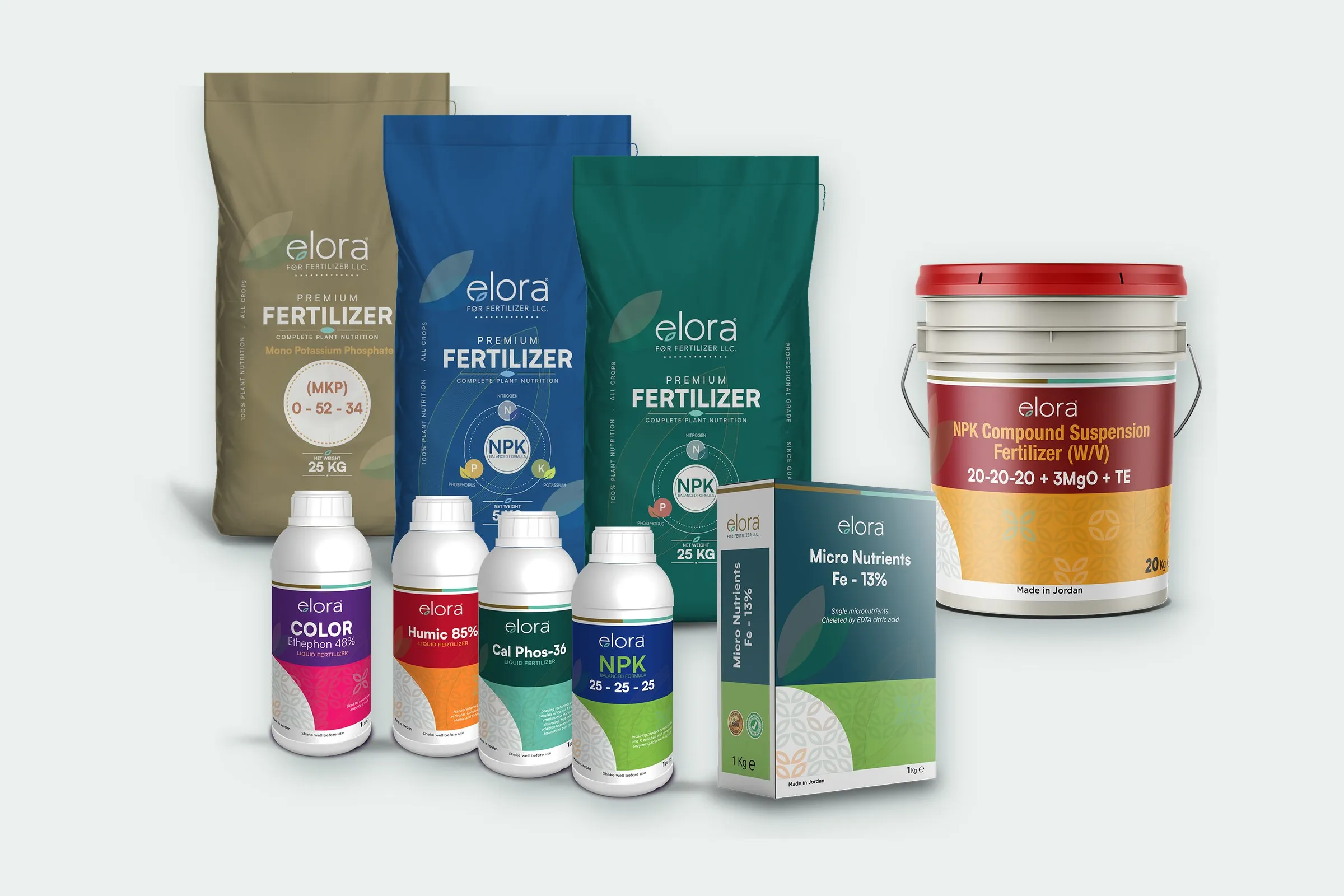 The Elora range of fertilizer bags, bottles, box and bucket