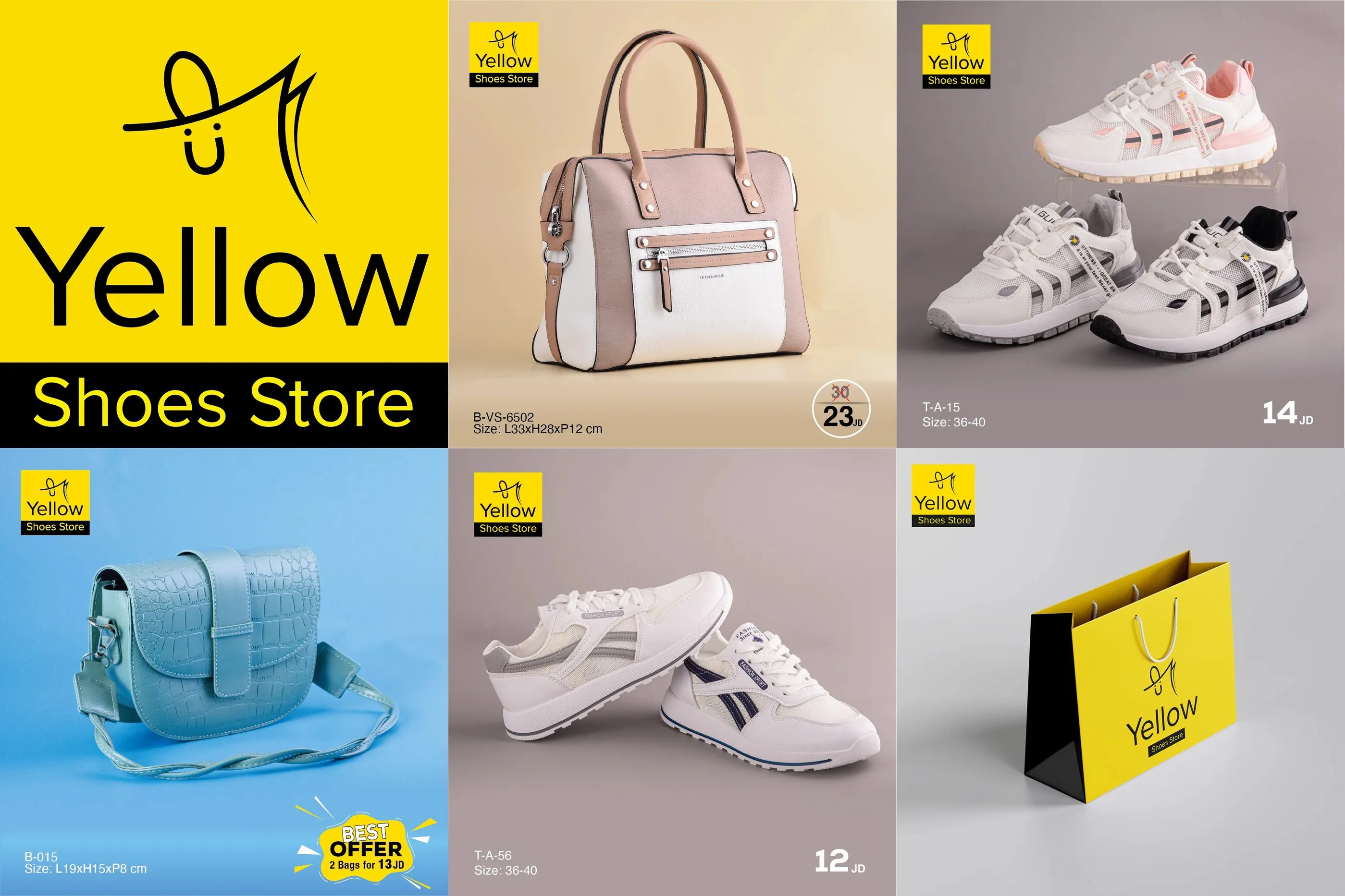 Yellow Shoes Store logo, carrier bag and product photographs