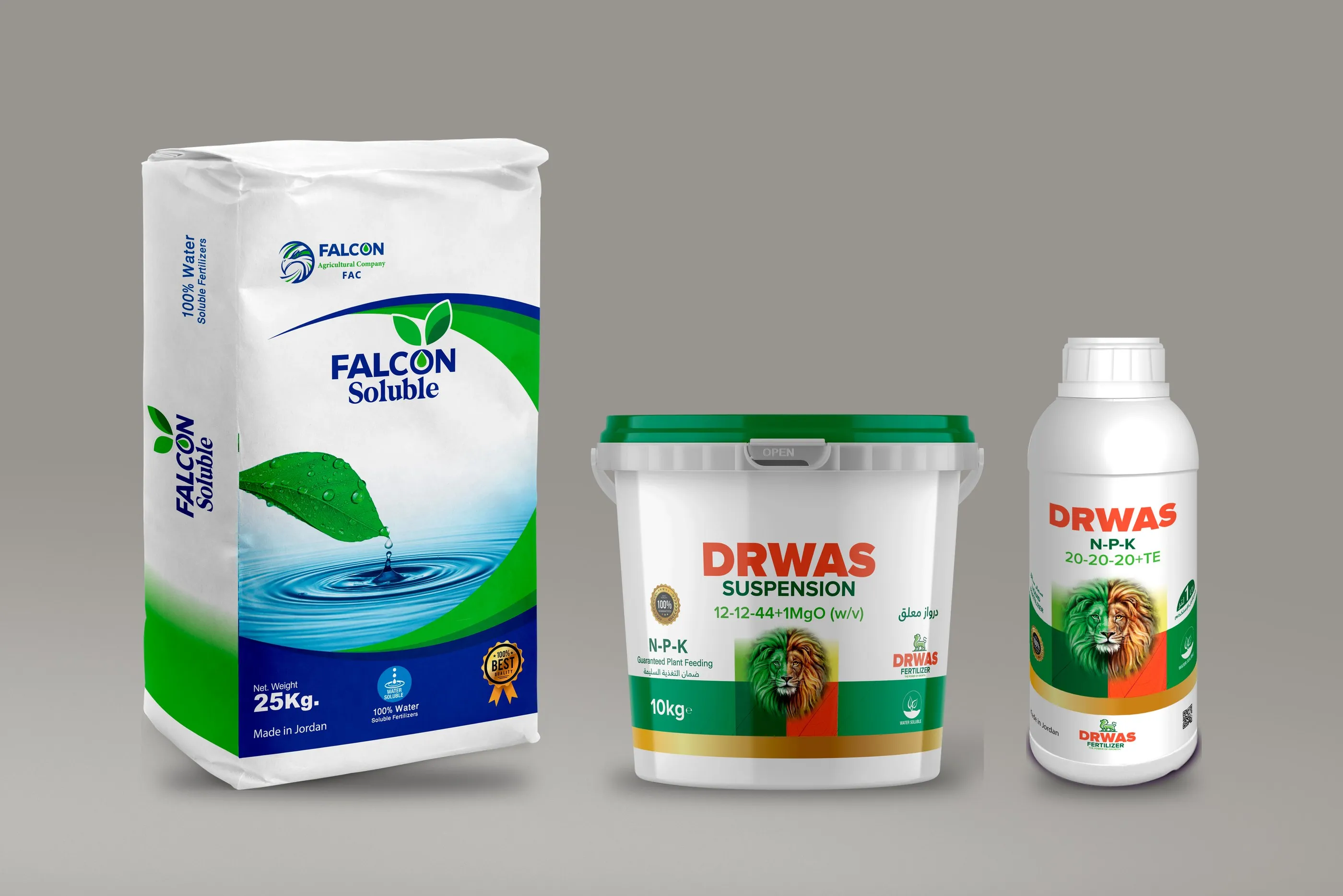 Falcon Soluble fertilizer bag beside Drwas bucket and bottle