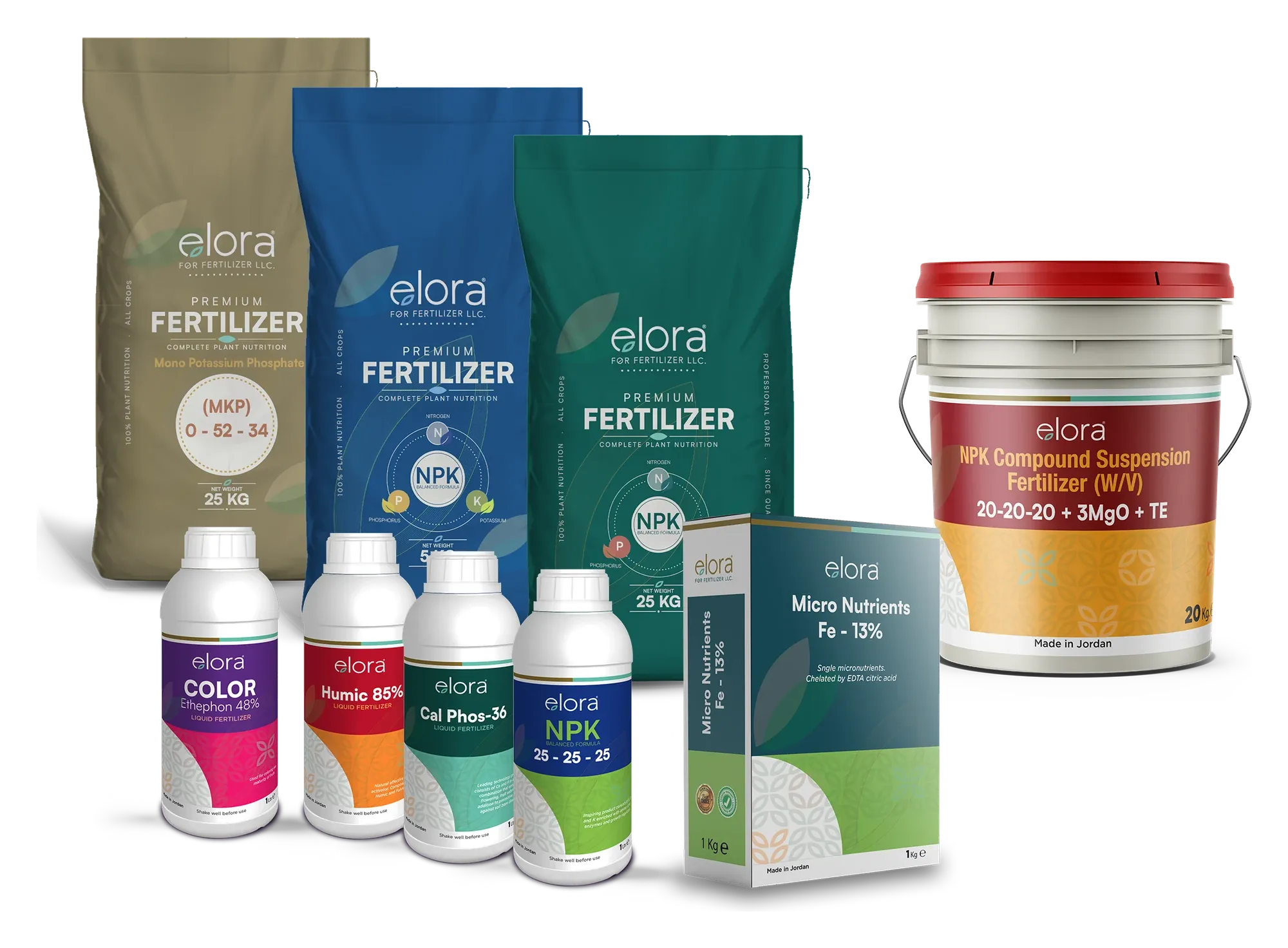 Elora fertilizer range: bags, bottles, a bucket and a box