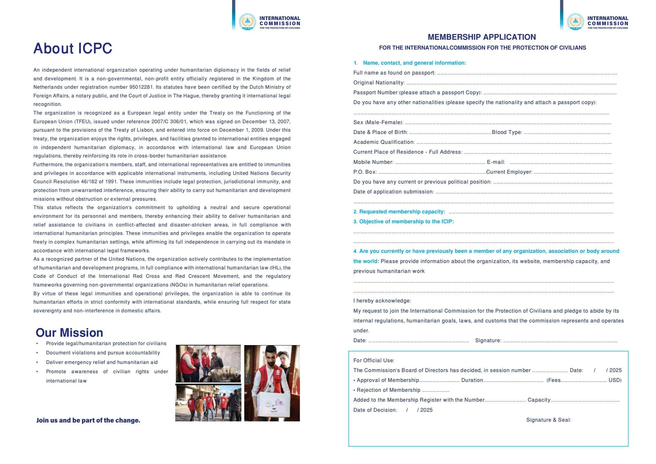 Brochure spread about ICPC and the membership application