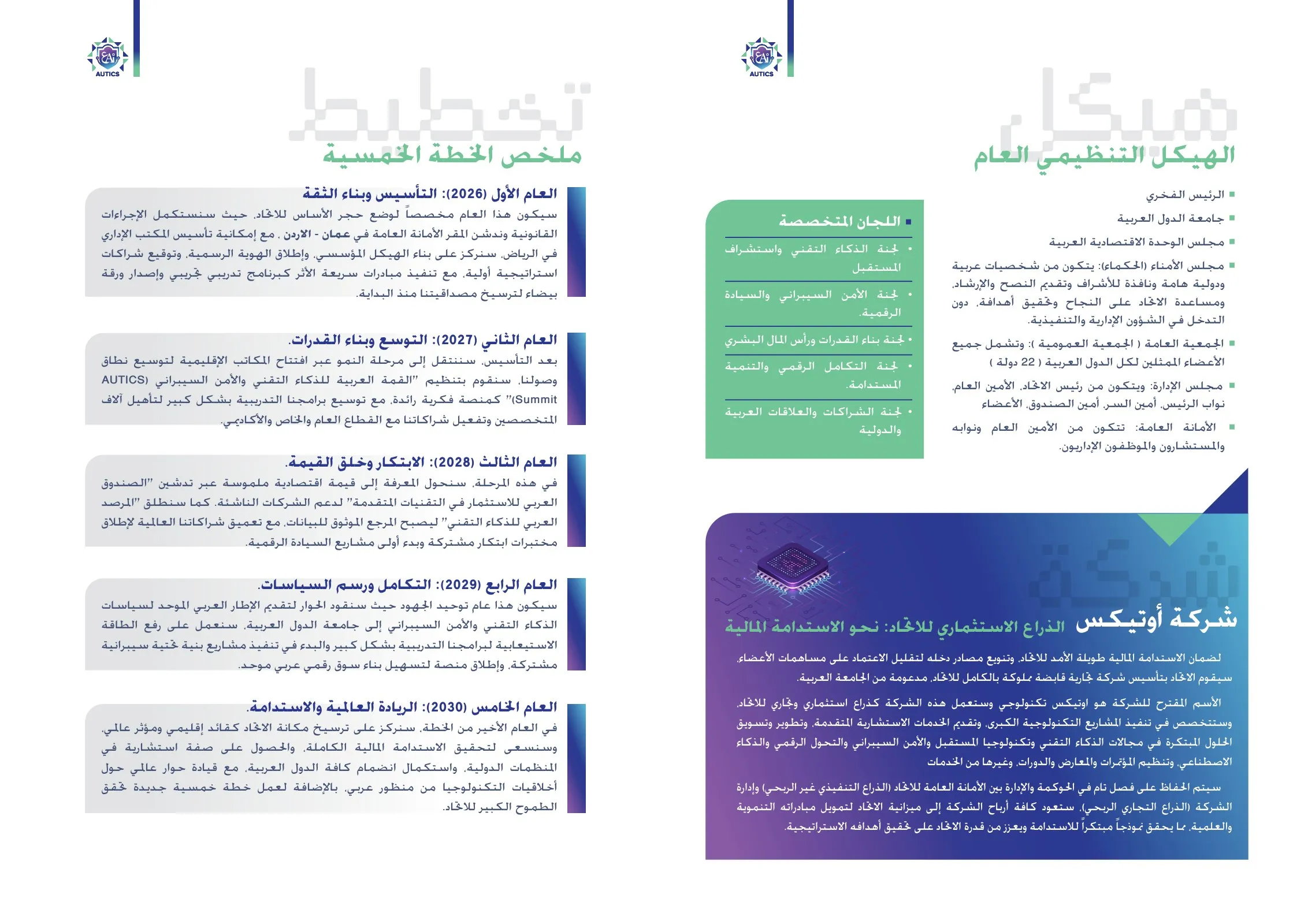 Brochure spread with the five-year plan and structure