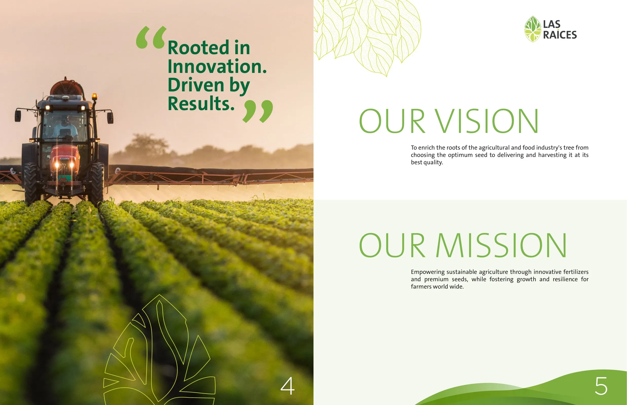 Las Raíces catalogue spread with a tractor in the field and the company vision